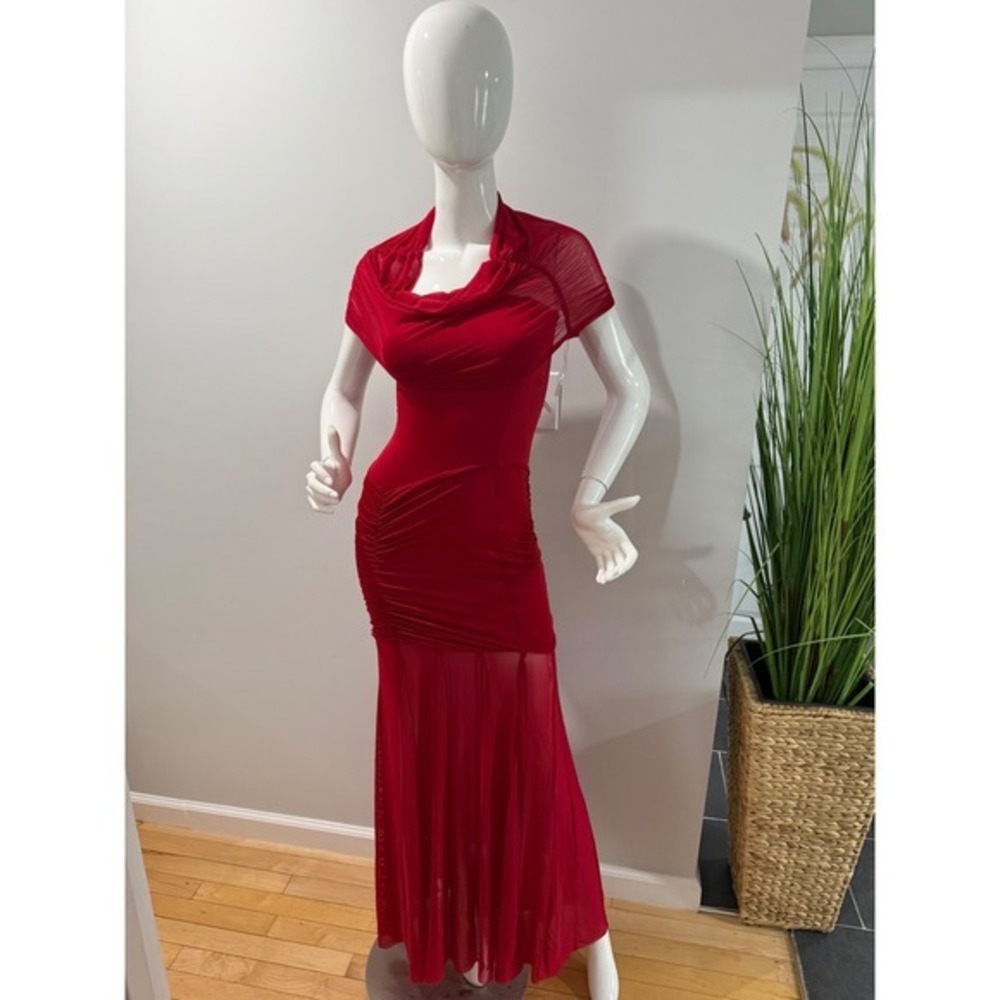 MESHKI Red Off Shoulder Ruched Mesh Maxi Dress Size XXl - Picture 8 of 17
